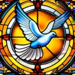 A stained-glass window depicting a dove, symbolizing the Holy Spirit, surrounded by Christian symbols. - Holy Spirit Christianity