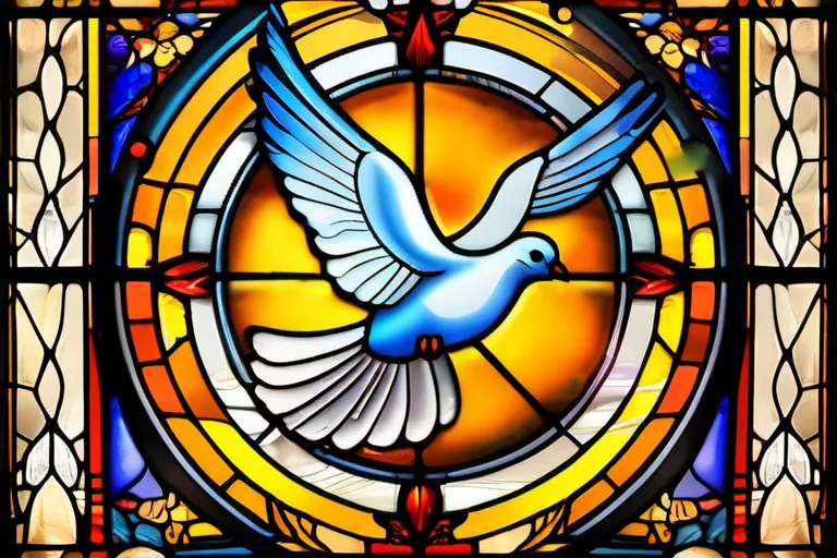 A stained-glass window depicting a dove, symbolizing the Holy Spirit, surrounded by Christian symbols. - Holy Spirit Christianity