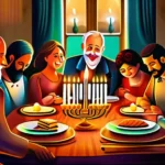 A warm, vibrant image depicting a large, joyful Jewish family gathered around a Shabbat table. - Jewish Family Values