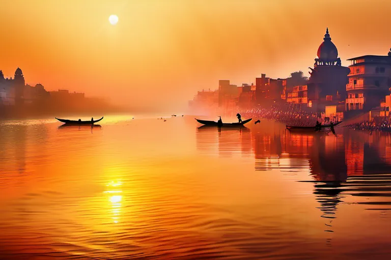 A serene image of the Ganges River at sunrise, with the holy city of Varanasi in the background. - Ganges River in Hinduism