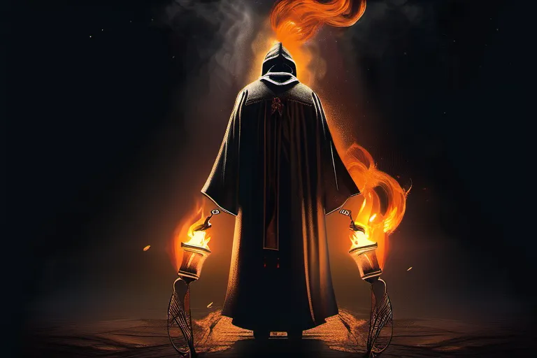 A dark, ominous scene with a figure in robes and a torch, symbolizing the Inquisition. - Inquisition