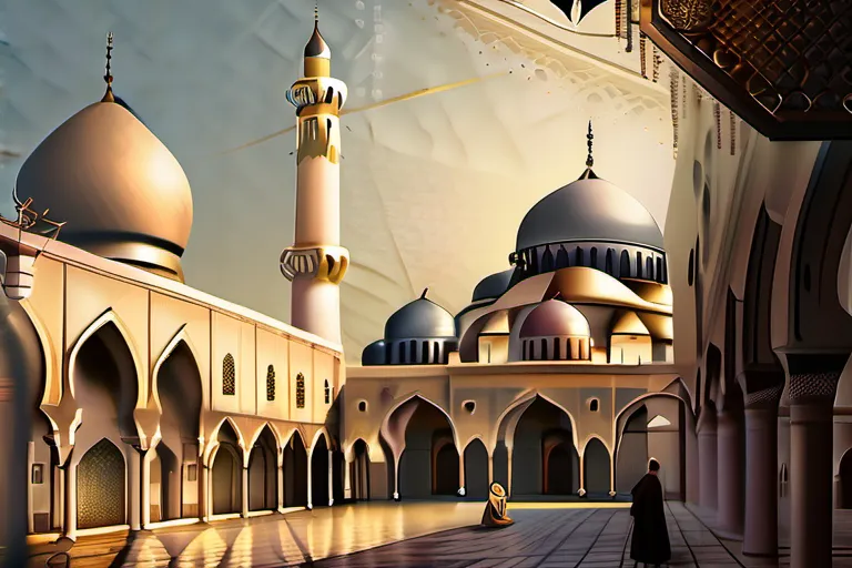 A beautiful illustration of a bustling medieval city with a mosque at its center, symbolizing the intellectual and cultural hub during the Islamic Golden Age. - Islamic Golden Age