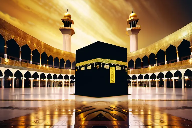 A captivating image of the Kaaba, bathed in golden light, symbolizing its spiritual importance. - Kaaba