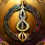 Design an image showcasing the intricate Khanda symbol against a golden backdrop with vibrant colors and shimmering effects to captivate the viewer's attention. - Khanda Symbol in Sikhism