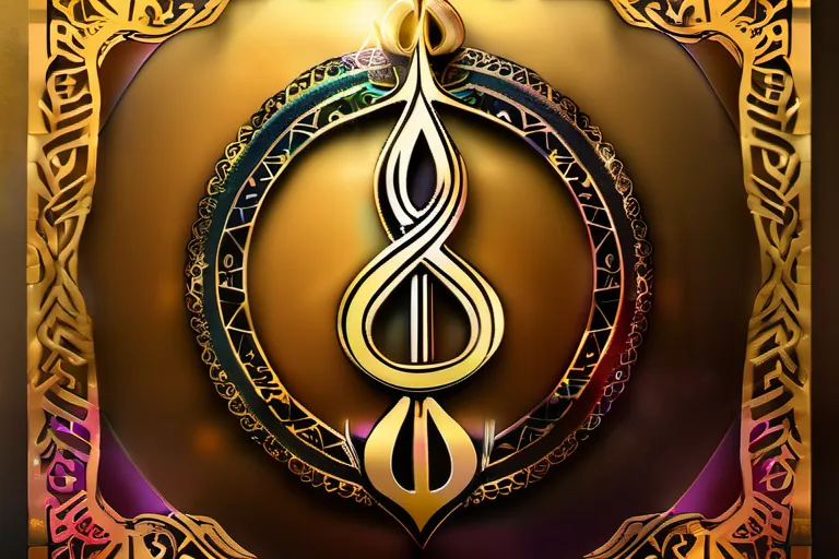 Design an image showcasing the intricate Khanda symbol against a golden backdrop with vibrant colors and shimmering effects to captivate the viewer's attention. - Khanda Symbol in Sikhism