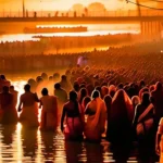 A vibrant image showcasing a massive crowd gathered at the banks of a holy river during the Kumbh Mela. - Kumbh Mela