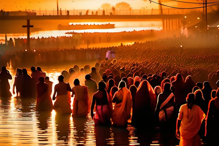 A vibrant image showcasing a massive crowd gathered at the banks of a holy river during the Kumbh Mela. - Kumbh Mela