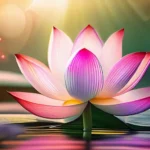 A beautiful lotus flower blooming against a tranquil background with Buddhist symbols subtly integrated into the design. - Lotus Sutra