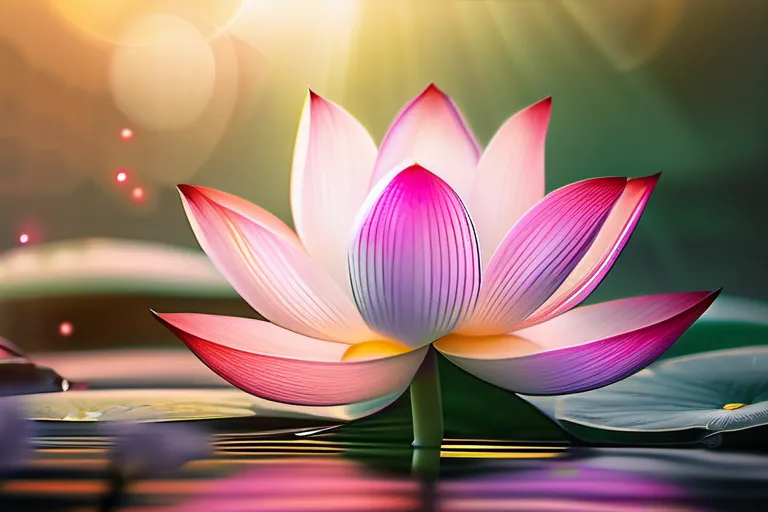 A beautiful lotus flower blooming against a tranquil background with Buddhist symbols subtly integrated into the design. - Lotus Sutra