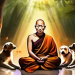 A serene image of a Buddhist monk with a gentle expression, surrounded by people and animals, symbolizing compassion for all beings. - Buddhism Compassion