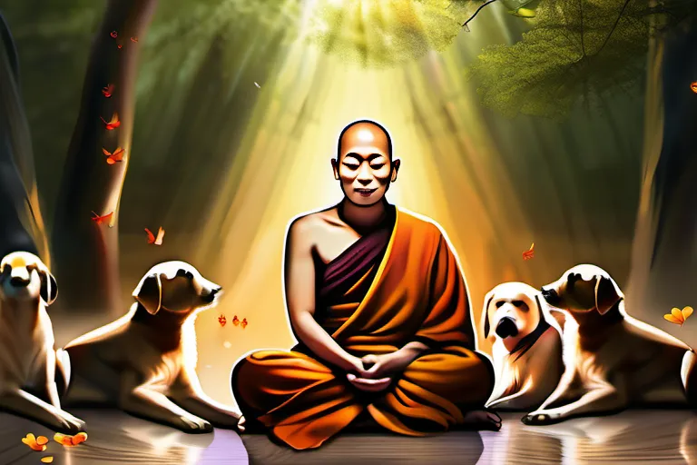 A serene image of a Buddhist monk with a gentle expression, surrounded by people and animals, symbolizing compassion for all beings. - Buddhism Compassion