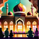 A vibrant image showcasing a mosque adorned with decorations, families gathered for prayer, and children enjoying sweets to represent the joyous atmosphere during Eid al-Fitr. - Eid al-Fitr