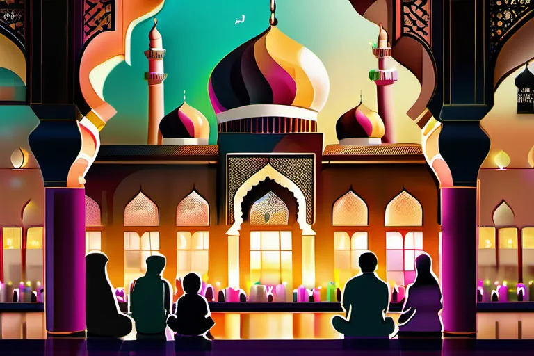 A vibrant image showcasing a mosque adorned with decorations, families gathered for prayer, and children enjoying sweets to represent the joyous atmosphere during Eid al-Fitr. - Eid al-Fitr