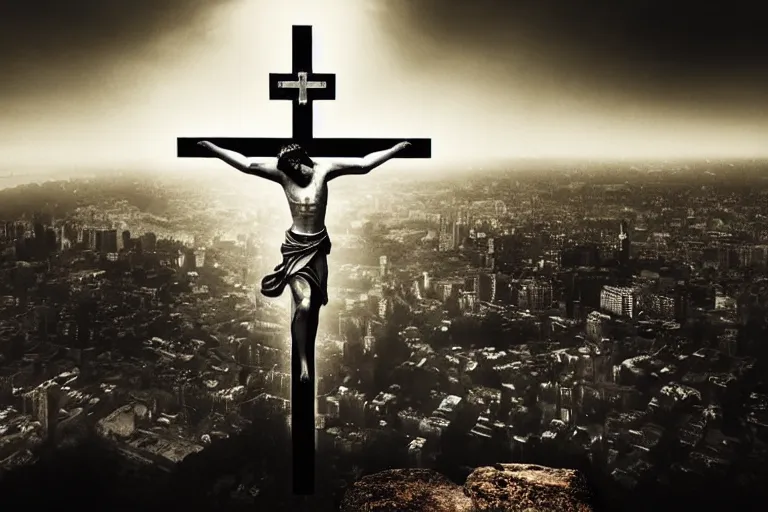 A somber image depicting a crucifix against a backdrop of a darkened cityscape to represent the solemnity of Good Friday. - Good Friday Meaning