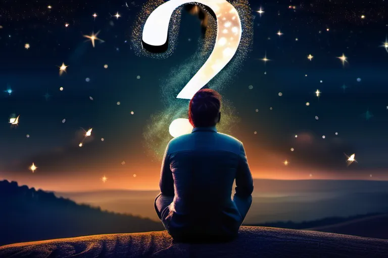 A thoughtful individual contemplating a question mark against a backdrop of a starry night sky. - meaning of life