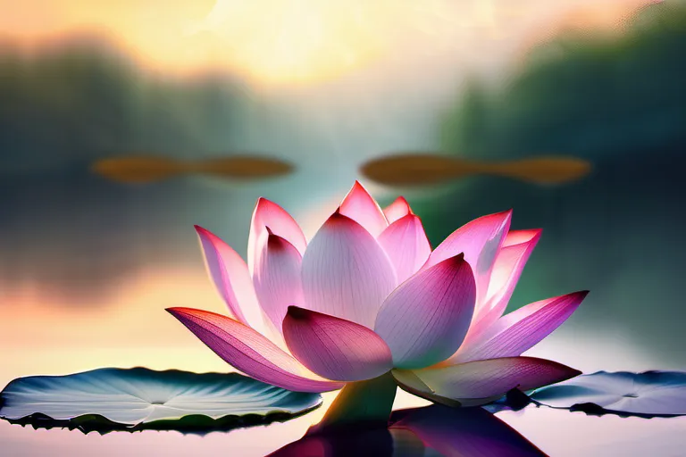 A serene image of a lotus flower blooming over a tranquil body of water, symbolizing the attainment of Nirvana. - Nirvana Buddhism