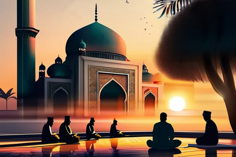 A serene mosque at sunset with a group of Muslims performing Salam. - Salam in Islam