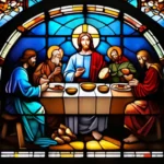 A stained-glass window depicting Jesus Christ breaking bread with his disciples. - Eucharist Christianity