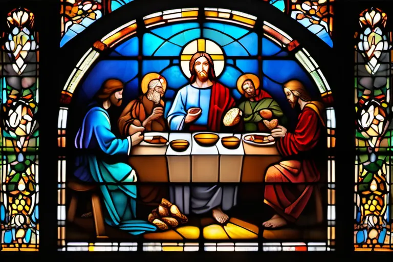 A stained-glass window depicting Jesus Christ breaking bread with his disciples. - Eucharist Christianity