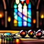 A beautiful image of a rosary with a stained-glass window or cathedral background. - rosary meaning in catholicism