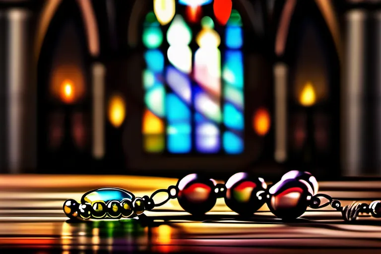 A beautiful image of a rosary with a stained-glass window or cathedral background. - rosary meaning in catholicism