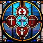 A stained-glass window depicting the Nicene Creed symbols. - Nicene Creed