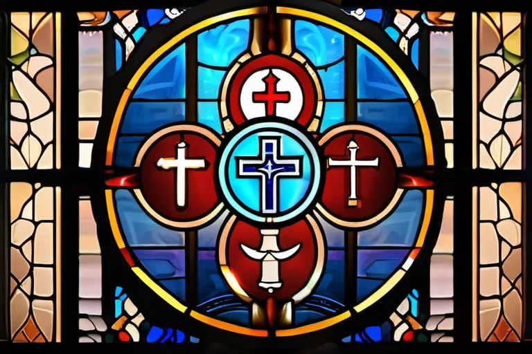 A stained-glass window depicting the Nicene Creed symbols. - Nicene Creed