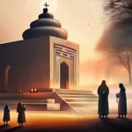 A serene image depicting a group of people gathered around a sacred site or place of worship. - Religion Purpose