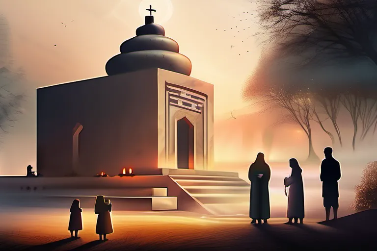 A serene image depicting a group of people gathered around a sacred site or place of worship. - Religion Purpose