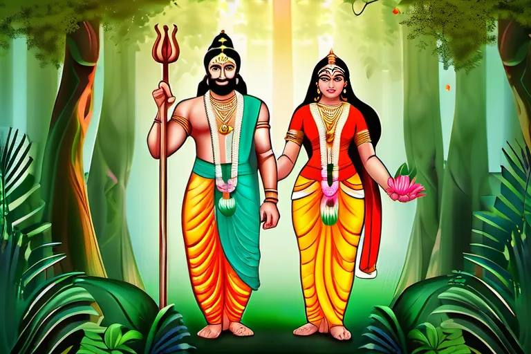 A vibrant illustration of Rama, Sita, Lakshmana, and Hanuman standing together in a lush forest setting. - Ramayana