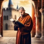 A monk holding a Bible against a backdrop of medieval Europe. - Reformation History