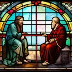 A stained-glass window depicting a philosopher and a religious figure in deep conversation, symbolizing the connection between religion and philosophy. - religion philosophy connection