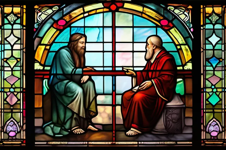 A stained-glass window depicting a philosopher and a religious figure in deep conversation, symbolizing the connection between religion and philosophy. - religion philosophy connection