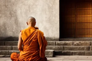 A serene image of a Buddhist monk meditating in a temple. - Buddhist Monk Role