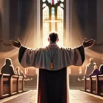 A priest standing in a church, robe flowing, hands outstretched, surrounded by a congregation. - priest roles