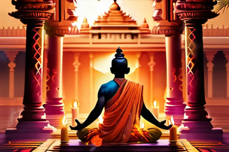 A vibrant image depicting a Hindu priest performing a ritual in front of an ornate temple. - Hindu Priest Role