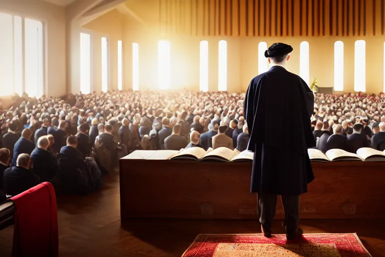 A rabbi standing in front of a Torah scroll, surrounded by a congregation during a service. - Rabbi Role in Judaism