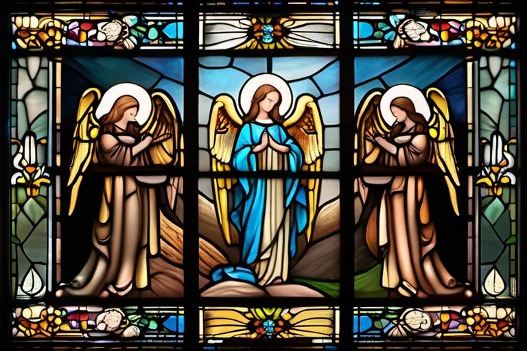 A beautiful, stained-glass window depicting various types of angels in Christian iconography. - angels in Christianity