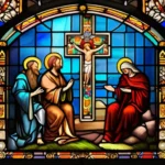 A stained-glass window depicting a religious scene with intricate details and vibrant colors. - art in religion