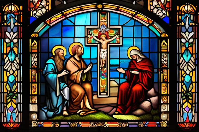 A stained-glass window depicting a religious scene with intricate details and vibrant colors. - art in religion