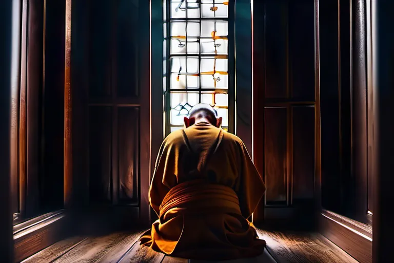 A monk in a dimly lit confessional booth, hands clasped in prayer, seeking forgiveness. - confession in Christianity