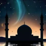 A serene night scene with a mosque silhouette against a starry sky, a person sleeping peacefully inside. - Islam, dreams, spirituality, prophetic