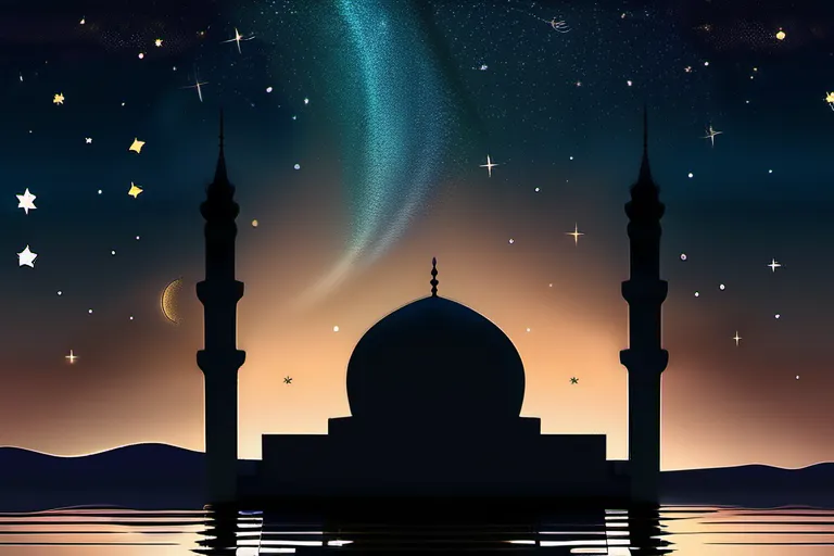 A serene night scene with a mosque silhouette against a starry sky, a person sleeping peacefully inside. - Islam, dreams, spirituality, prophetic