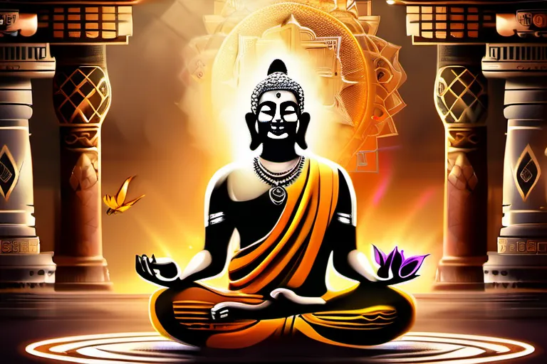 A serene image of a yogi deep in meditation, surrounded by ancient Hindu temples and symbols. - meditation in Hinduism