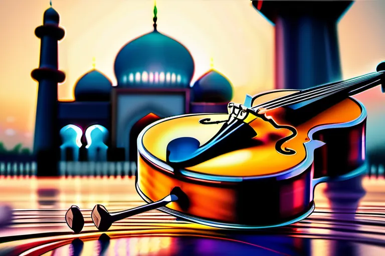 A vibrant image featuring a traditional Islamic musical instrument against a backdrop of a mosque. - music in islam