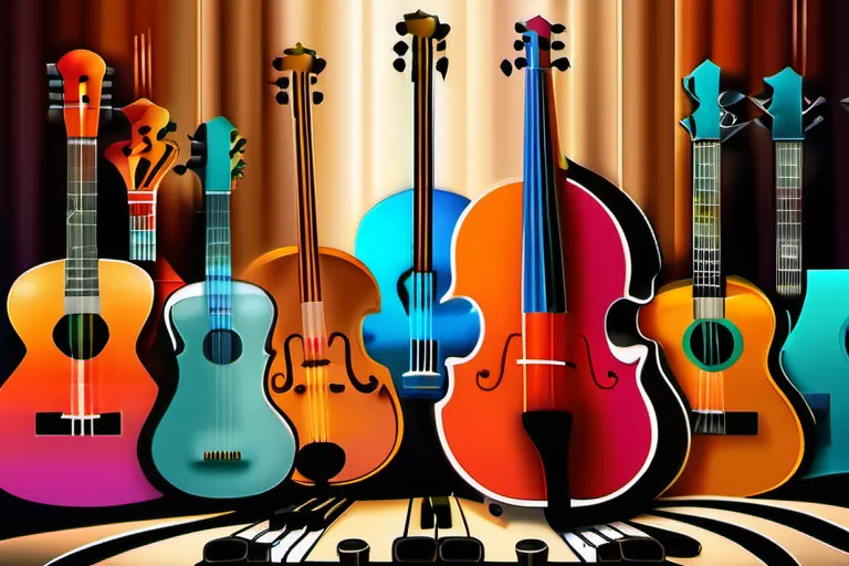 A vibrant, colorful mural depicting various musical instruments and religious symbols. - music in religion