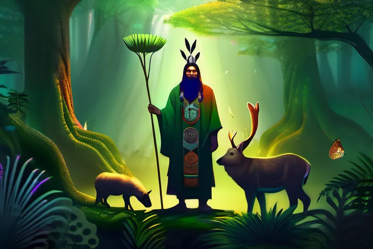 A serene image of a shaman standing amidst a lush forest, surrounded by various animals and plants. - indigenous religions, nature, spirituality