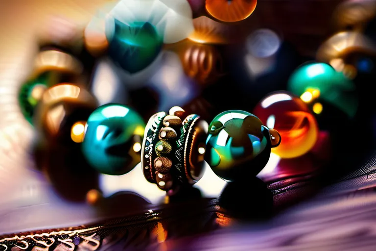 A close-up image of a set of colorful prayer beads with intricate designs, symbolizing various religions. - prayer beads