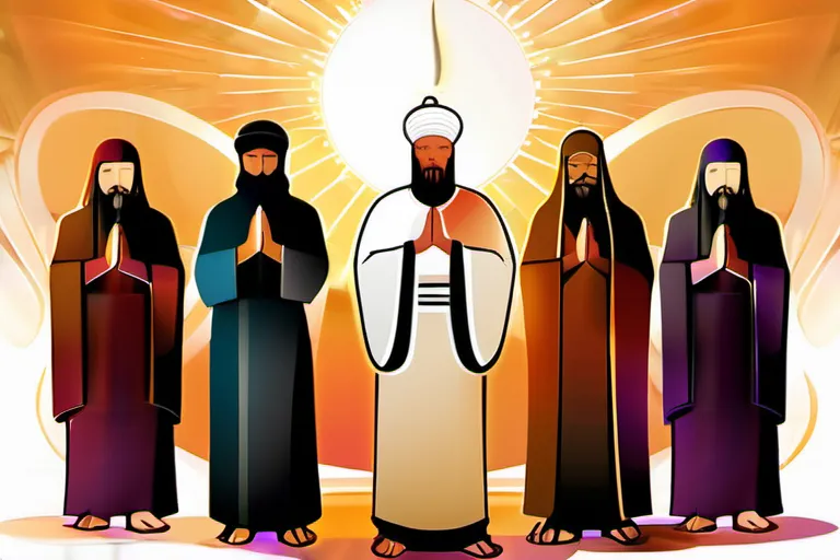 A stylized illustration of a group of diverse prophetic figures from different religions standing together, symbolizing unity and shared wisdom. - role of prophets in religion