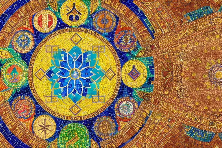 A vibrant mosaic depicting various religious symbols from around the world, symbolizing the diversity and unity of religions in society. - role of religion in society